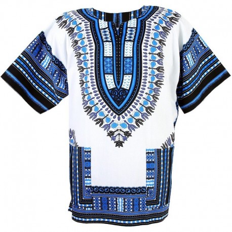 Camiseta Dashiki branca e azul