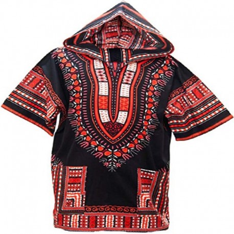 T-shirt Dashiki rouge et noir à capuche