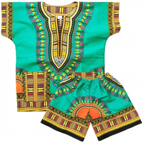 Dashiki verde para niños | Camiseta y pantalón corto