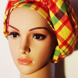 Turbante pañuelo Madras amarilla, verde y roja.| Accesorio Pelo