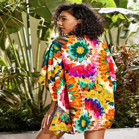 Tropical multicolor kimono with floral patterns