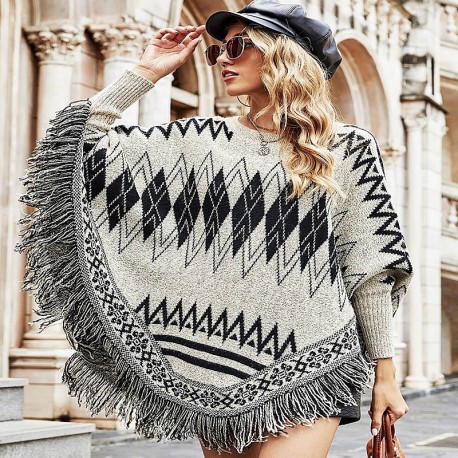 Gray and black ethnic chic poncho