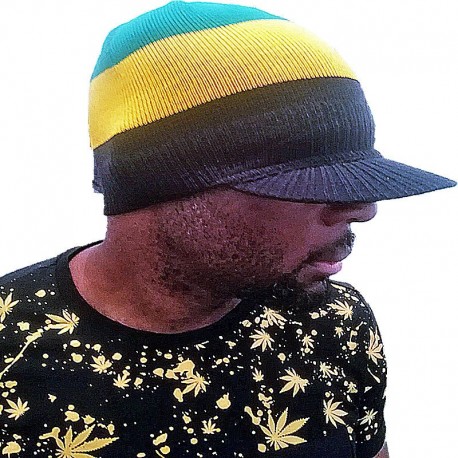 Black Jamaica Rasta peak visor hat with yellow green stripes