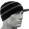 Black peak beanie hat with stripes