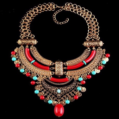Vintage red, green and gold boho-chic necklace