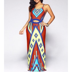 Red and yellow ethnic long dress with Aztec pattern