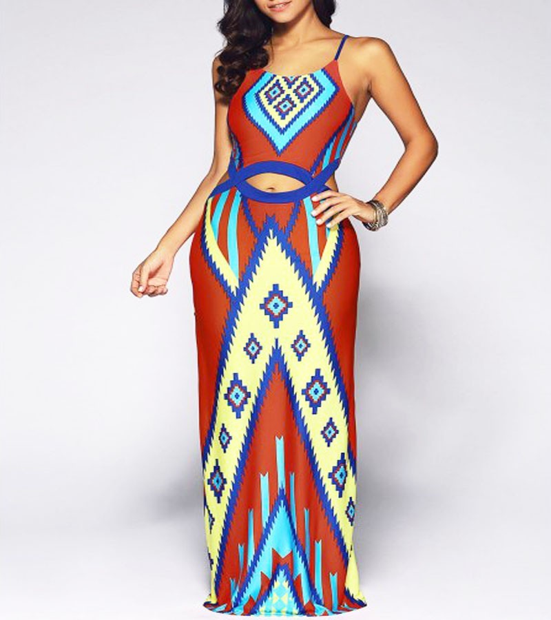 Red and yellow ethnic tribal maxi dress with Aztec pattern