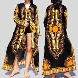 Kimono long Dashiki noir et jaune pour femme