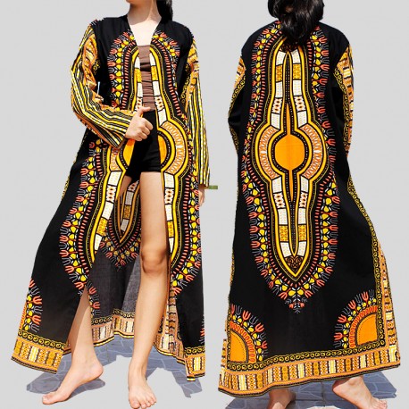 Kimono Dashiki largo negro y amarillo para mujer