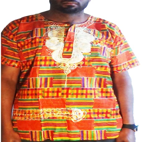 Camiseta africana Kente naranja y verde para hombre