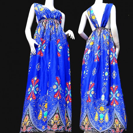 Robe longue ethnique fleurie bleue