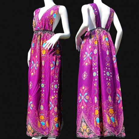 Vestido longo étnico floral roxo