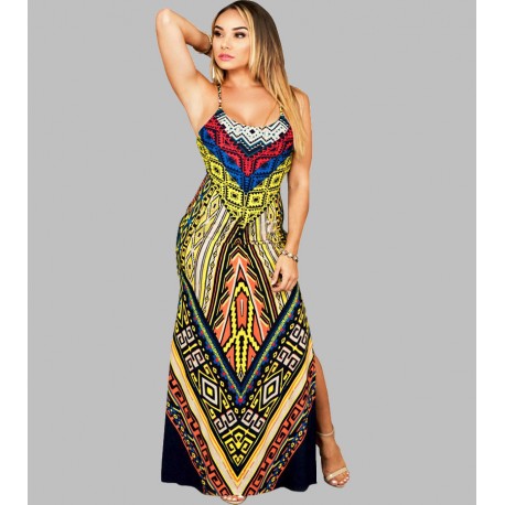 Maxi vestido étnico tribal con abertura