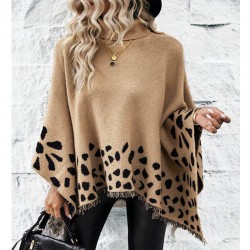 Turtleneck poncho with leopard print