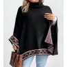 Black turtleneck poncho with ethnic pattern