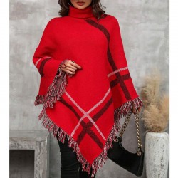 Red turtleneck poncho with ethnic motif