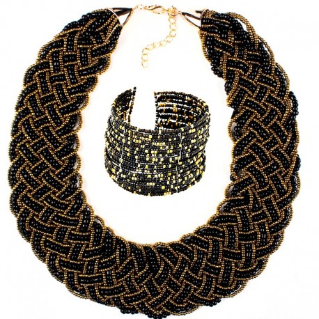 Conjunto de collar y pulsera de perlas negras y doradas