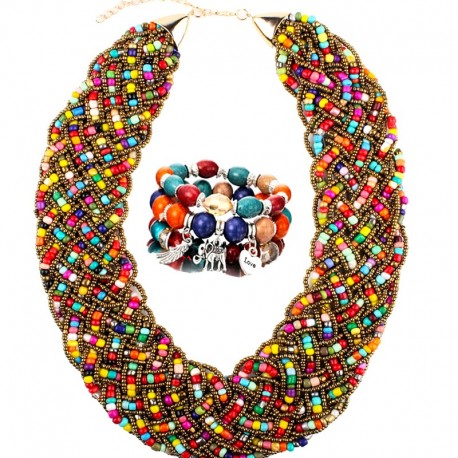 Conjunto de collar y pulsera de perlas multicolores