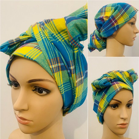 Blue and yellow madras headwrap