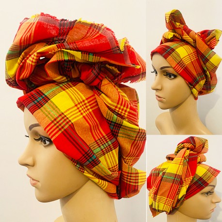 Foulard en madras orange et rouge multicolore