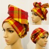 Turbante in madras con paillettes gialle, arancioni e rosse