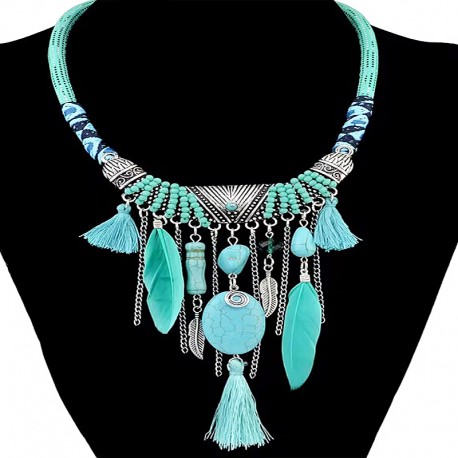 Green Bohemian Ethnic Feather Necklace