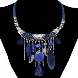 Blue Bohemian Ethnic Feather Necklace