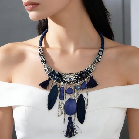Blue Bohemian Ethnic Feather Necklace